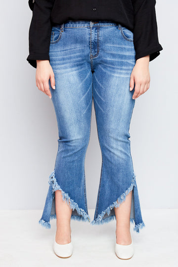 N2100 LIGHT DENIM Womens Frayed Distressed Denim Flare Jeans Front